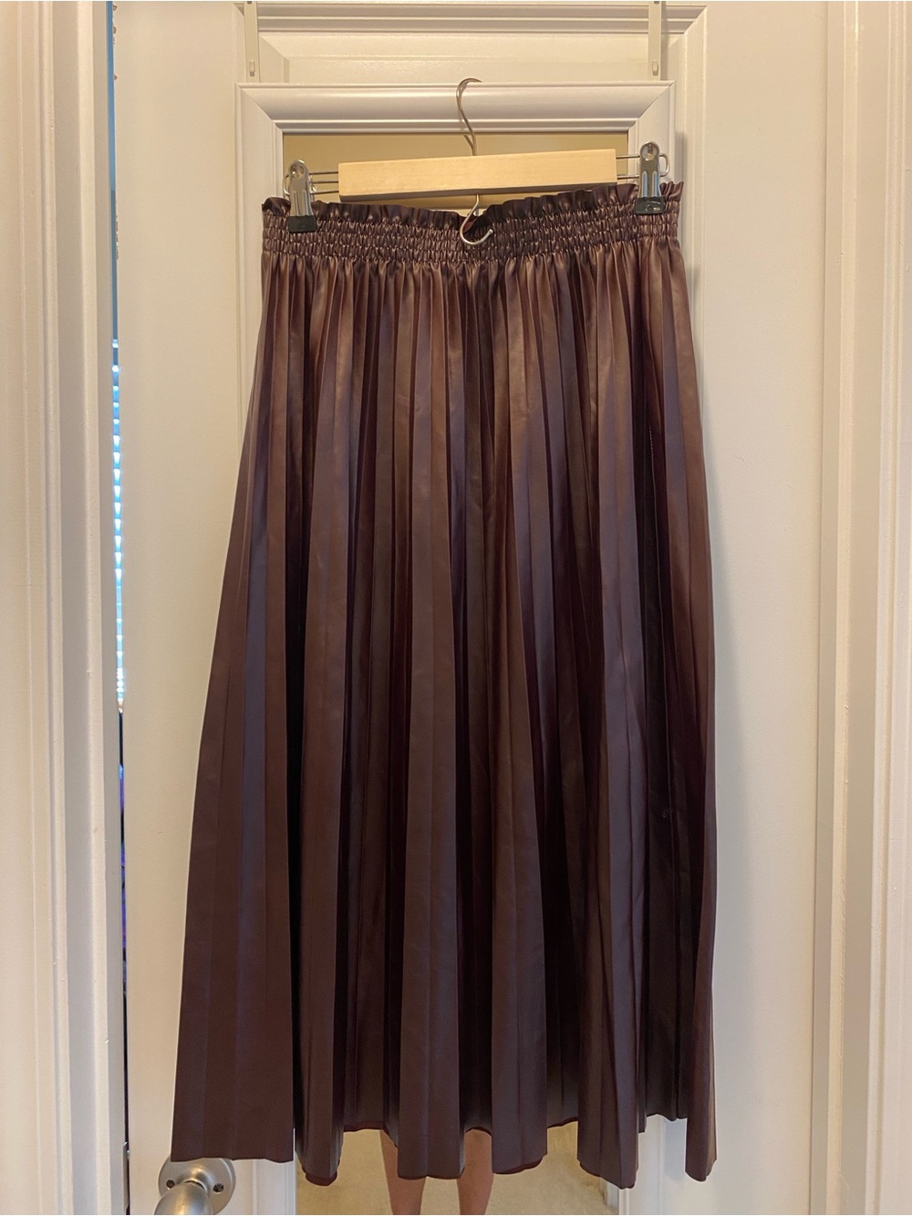 Saks Fifth Avenue Faux Leather Reddish Brown Pleated Maxi Skirt